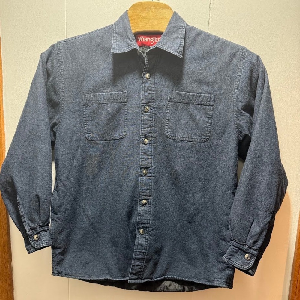 Wrangler Mens Quilted Lined Shirt Jacket Blue Cotton Button Up Size Medium